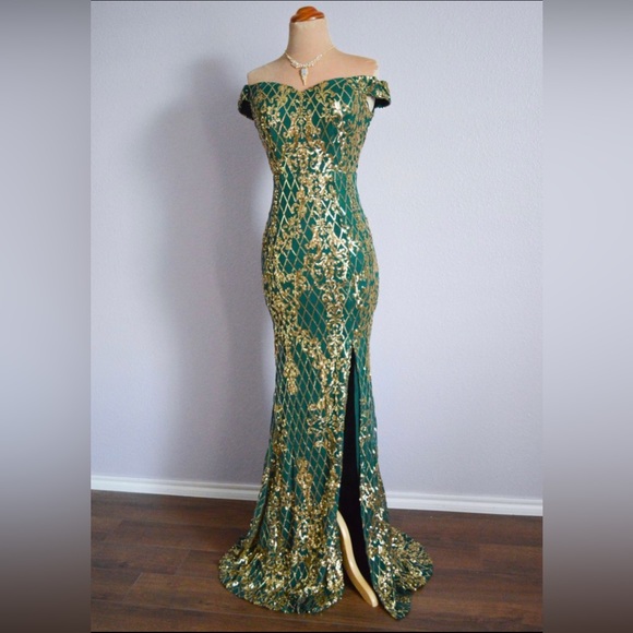 Prom 2025 Holiday Green Gold Long Formal Pageant Sequin Evening Gown Dress S 4/6 - Picture 3 of 10